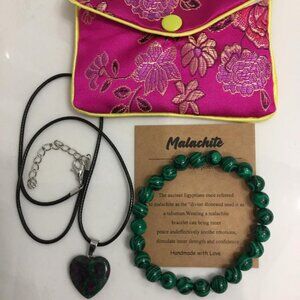 Malachite Bead Bracelet & Purple/Green Polished Stone Heart Pendant Necklace